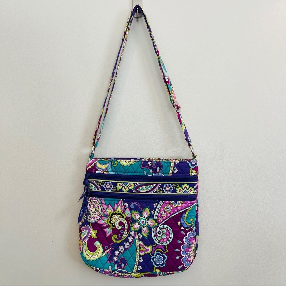 Vera Bradley Triple Zip Hipster Crossbody Bag in a purple and green paisley